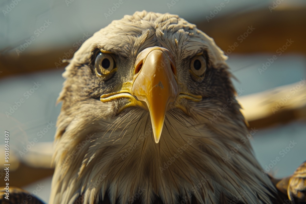 Fototapeta premium A close-up image of a majestic bald eagle, showcasing its sharp beak and intense gaze, highlighting the bird's impressive features and striking detail