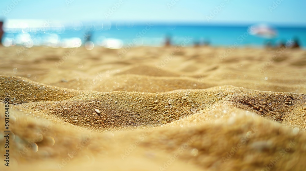 A close-up view of sandy beach textures with a blurred ocean background, capturing a serene and tranquil beach atmosphere A close-up view of sandy beach textures with a blurred ocean background, capturing a serene and tranquil beach atmosphere