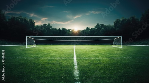 A pristine soccer field with goal posts and lush green grass