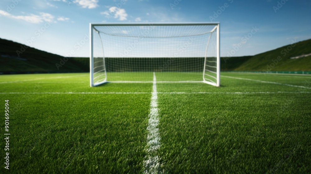 Fototapeta premium A pristine soccer field with goal posts and lush green grass