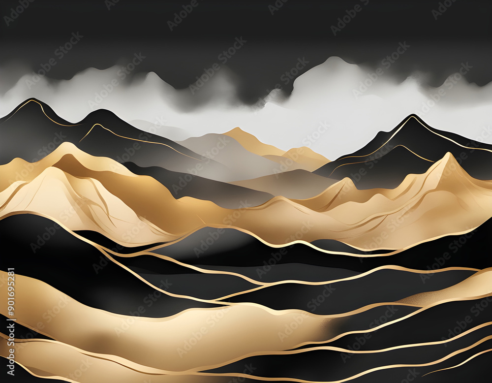 Obraz premium Black and gold mountain, hills, sea horizontal wall art. 
