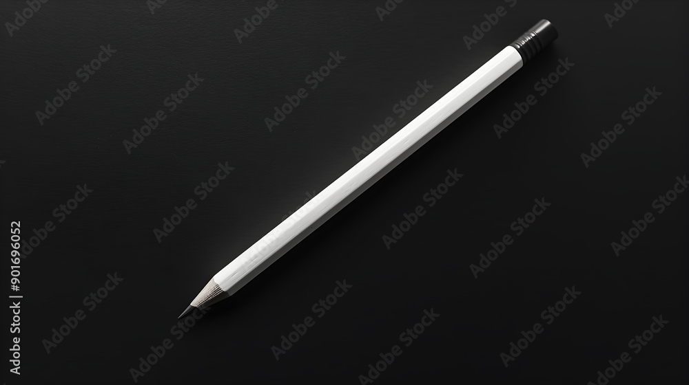 A minimalist white pencil with bright eraser on stark black background, isolated and striking contrast. A minimalist white pencil with bright eraser on stark black background, isolated and striking contrast.