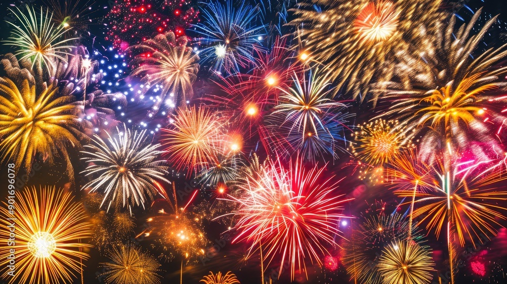 Naklejka premium Bright Fireworks Bursts in Night Sky