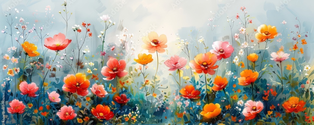 Obraz premium Abstract spring garden with blooming flowers in watercolor.
