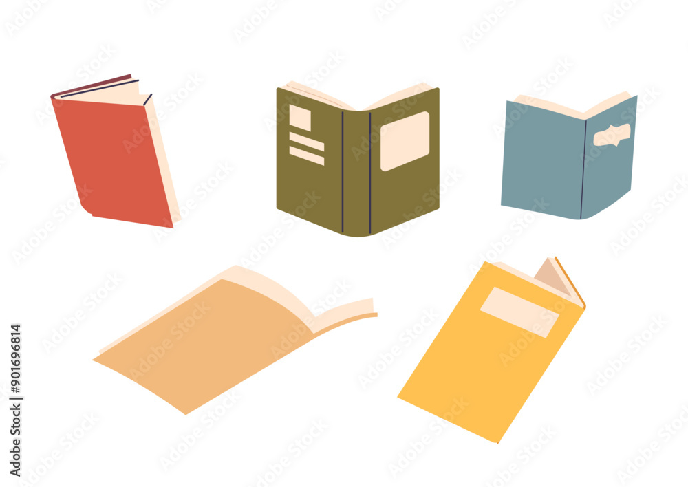 Collection Of Five Books In Different Styles And Colors. Includes Closed And Open Books, Each With A Unique Design Collection Of Five Books In Different Styles And Colors. Includes Closed And Open Books, Each With A Unique Design