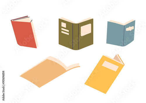 Collection Of Five Books In Different Styles And Colors. Includes Closed And Open Books, Each With A Unique Design