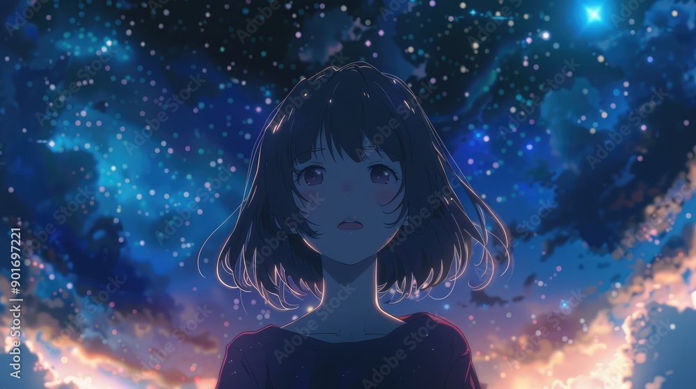 Peaceful anime girl under a starry twilight sky, surrounded by the radiant cosmos, illustrating a serene and magical moment Peaceful anime girl under a starry twilight sky, surrounded by the radiant cosmos, illustrating a serene and magical moment