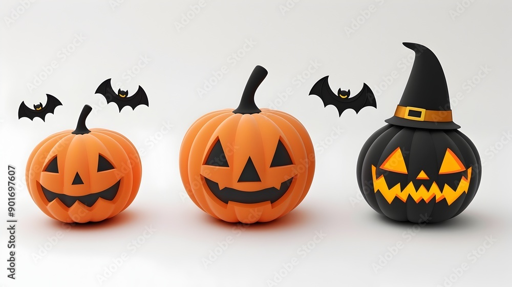 of Spooky Halloween with Pumpkins and Bats on White Background of Spooky Halloween with Pumpkins and Bats on White Background