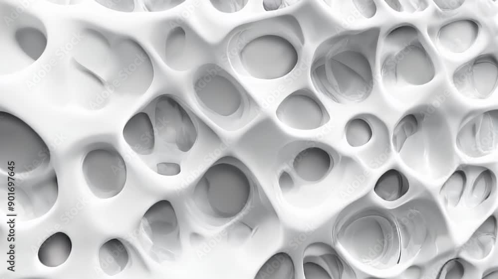 A close-up of a white, porous material with many interconnected holes. A close-up of a white, porous material with many interconnected holes.