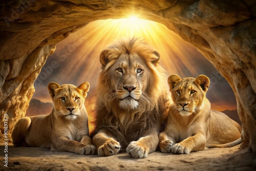 Golden light illuminates a serene den, majestic lions lying calmly beside a radiant, glowing stone, symbolizing faith and peace in the face of danger.