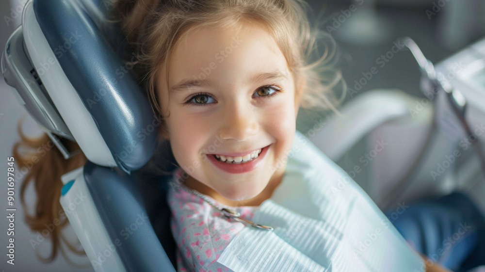 Happy little girl sitting in the dentist's chair during a dental checkup. Happy little girl sitting in the dentist's chair during a dental checkup.