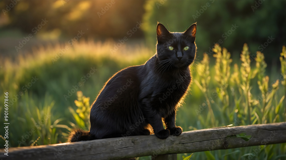 Obraz premium A Black Cat Perched Gracefully on a Log at Sunset in a Lush Green Field