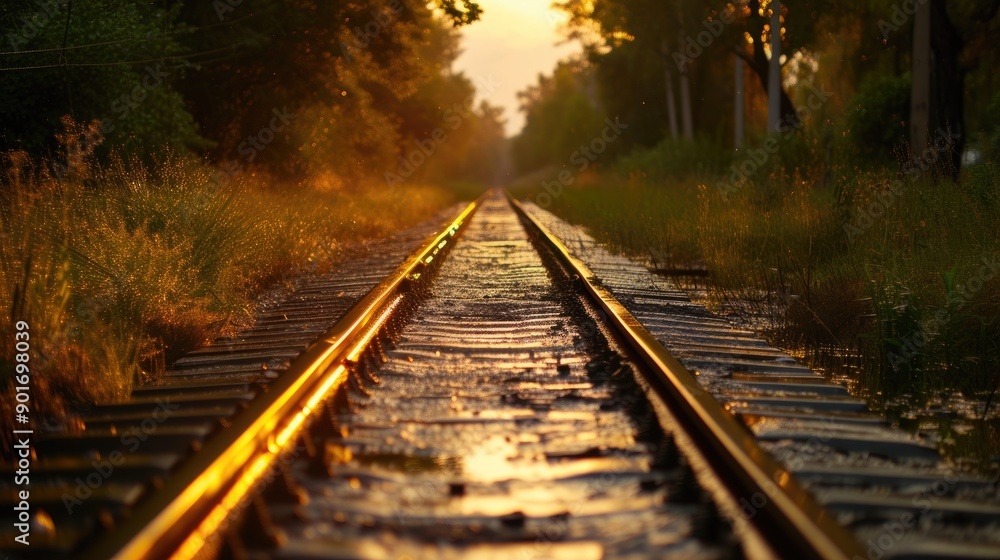 Evening Serenity on Wet Train Tracks Evening Serenity on Wet Train Tracks