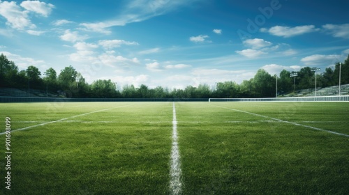 A pristine soccer field with goal posts and lush green grass