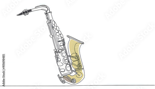 Abstract one line drawing and continue for colorful saxophone sketch, Generative AI.