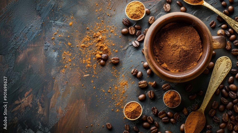 Coffee grounds and beans with spoons on dark background Coffee grounds and beans with spoons on dark background
