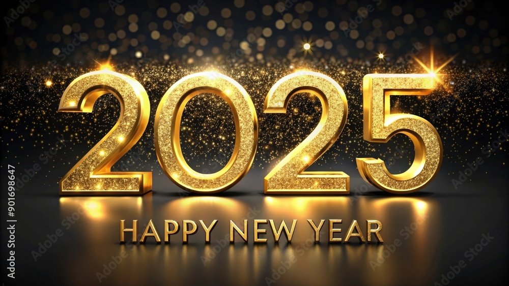 Golden 2025 Happy New Year Text with Shimmering Sparkles on Dark Background Golden 2025 Happy New Year Text with Shimmering Sparkles on Dark Background