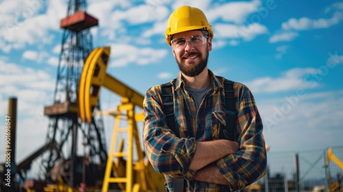 Engineer in Safety Gear Near Operational Oil Pumps and Blue Sky