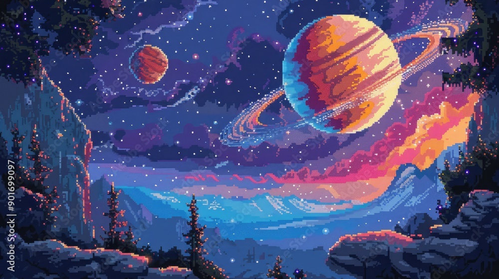 Naklejka premium Pixel art depicting a mesmerizing extraterrestrial scene with a large textured planet and a distant ringed planet against a starry nebula, evoking cosmic wonder