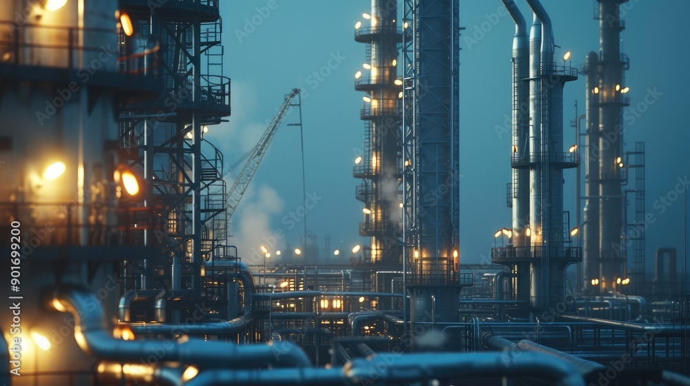 Twilight Industrial Complex with Gas Towers and Cranes