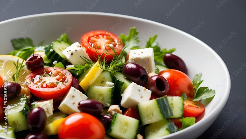 Greek Salad - with tomatoes, cucumbers, olives, feta cheese, and a lemon-oregano dressing. Greek Salad - with tomatoes, cucumbers, olives, feta cheese, and a lemon-oregano dressing.