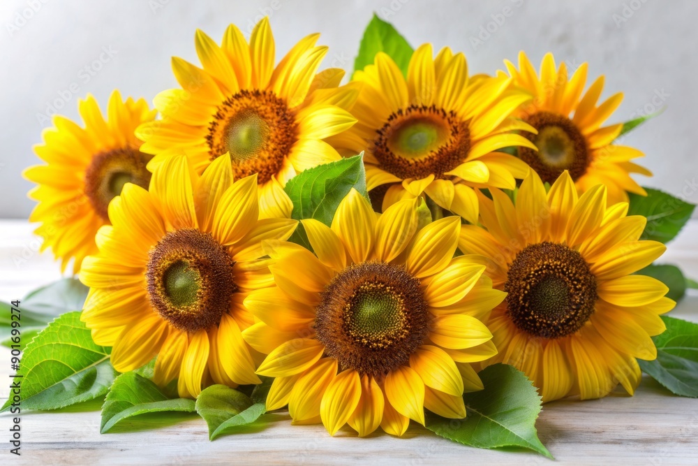 Obraz premium Vibrant yellow petals and dark centered sunflower blooms accompanied by lush green leaves are arranged in a beautiful still life composition on a white background.