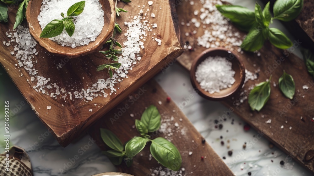 Sea salt and herbs on wooden boards Sea salt and herbs on wooden boards