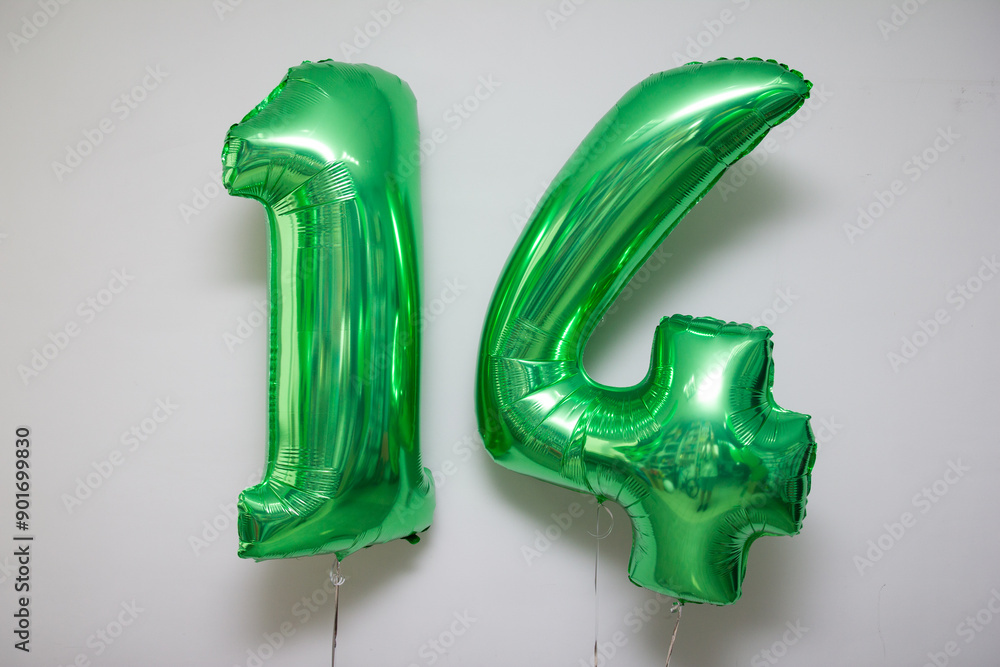 Fototapeta premium green foil number 14 balloons