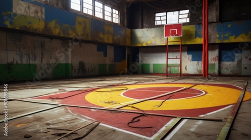 Abandoned basketball court with hoops and painted lines