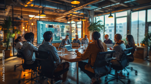 Business meeting of professionals working and discussing in the conference room with digital screen and laptops © GulArt