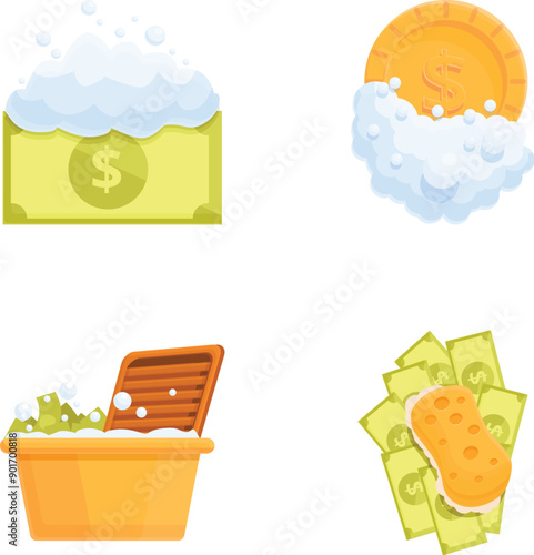 Corruption icons set cartoon vector. Symbolic money laundering process. Fraud and financial machination