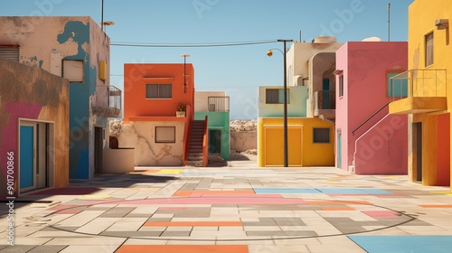 Abandoned basketball court with hoops and painted lines