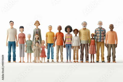 Multigenerational group standing together, holding hands, iverse group of people holding hands, 3D cartoon style, representing unity and community across different ages and backgrounds