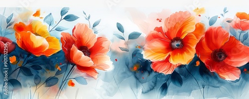 Abstract wind-swept garden with flowers and leaves in watercolor on white.