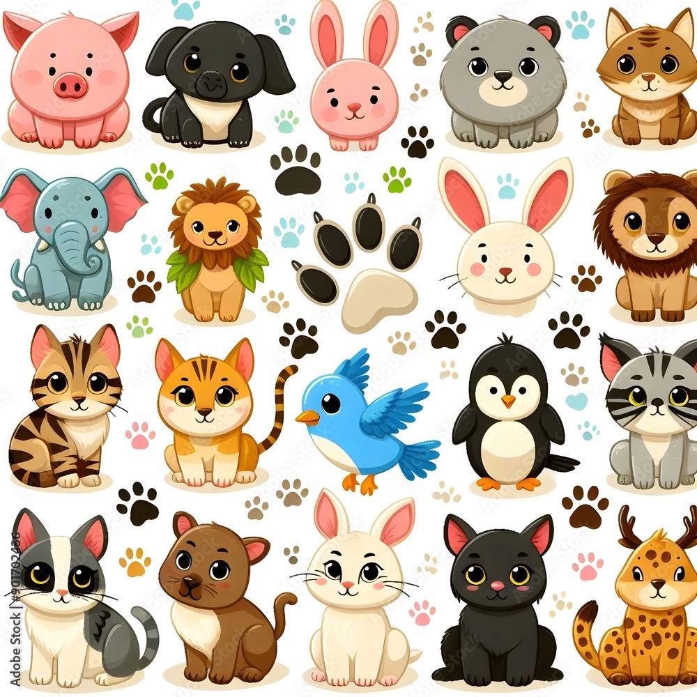 Cute Cartoon Animal Collection with Paw Prints Cute Cartoon Animal Collection with Paw Prints