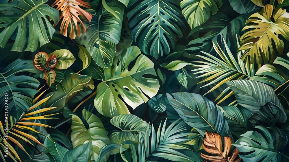 Obraz premium Detailed Watercolor of Stunning Jungle Flora Scene with Lush Leaves and Foliage