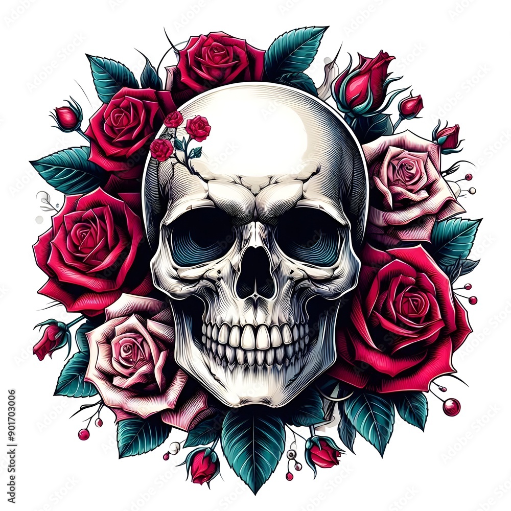 Human Skull with Roses