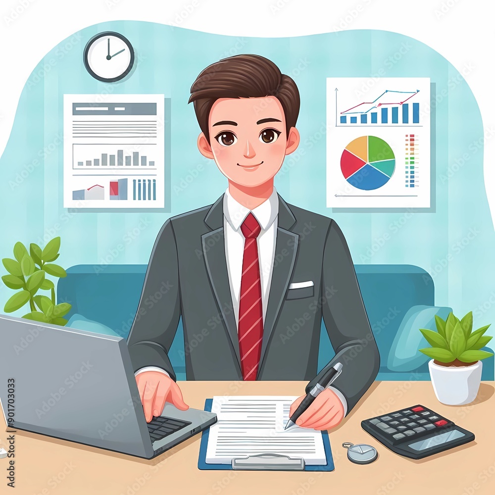 a man sitting at a desk with a man wearing a suit and tie accountant making financial report a man sitting at a desk with a man wearing a suit and tie accountant making financial report