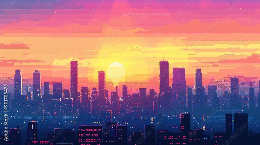 Fototapeta premium Radiant sunset over a pixel art skyline, casting a warm glow over skyscrapers, creating a serene and tranquil 8-bit cityscape