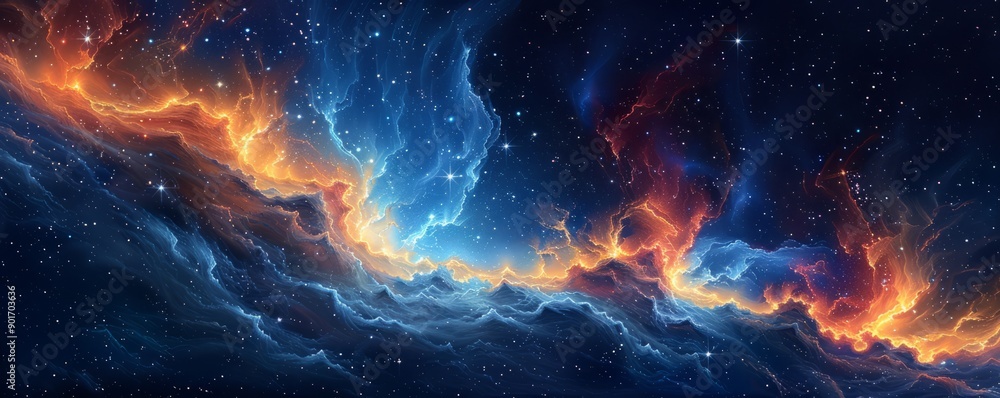 Fototapeta premium A colorful galaxy with orange and blue clouds and stars