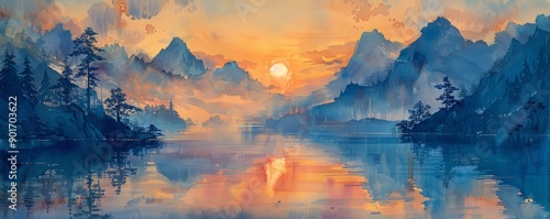 A painting of a mountain range with a sun setting in the background