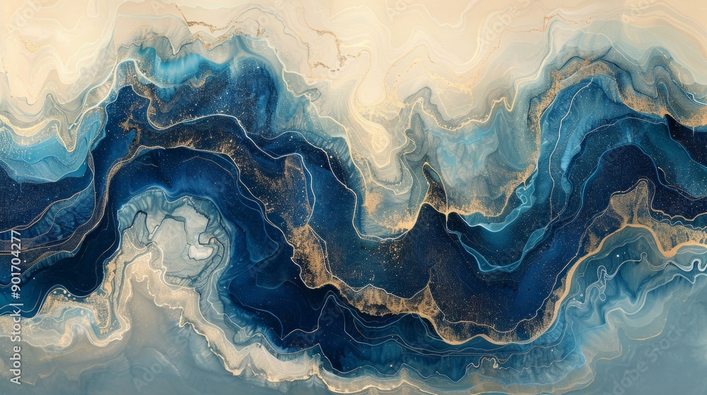 Fototapeta premium pale beige, blue, cream, and glittery charcoal coloured abstract painting.