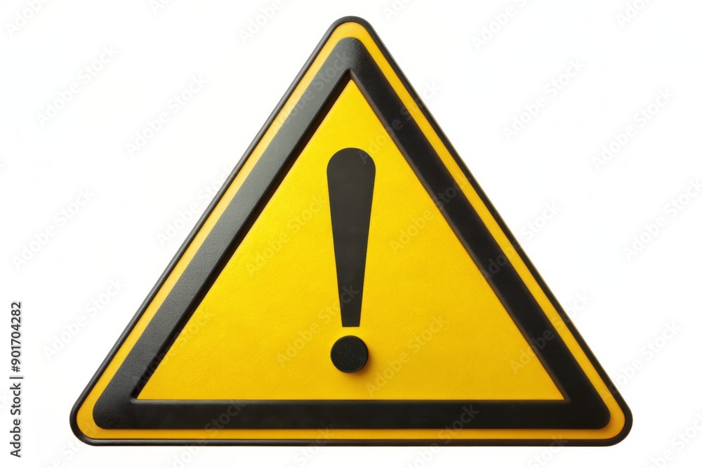 Yellow and black triangle hazard symbol on a warning sign with an exclamation mark, indicating danger or caution, isolated on a white background. Yellow and black triangle hazard symbol on a warning sign with an exclamation mark, indicating danger or caution, isolated on a white background.