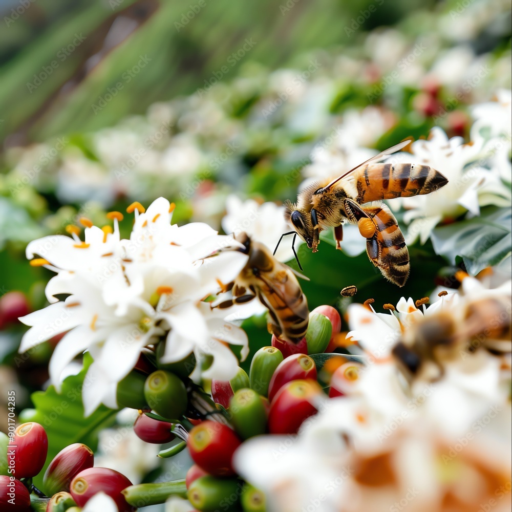 Bees pollinating coffee flowers in a lively garden, Coffee garden ...