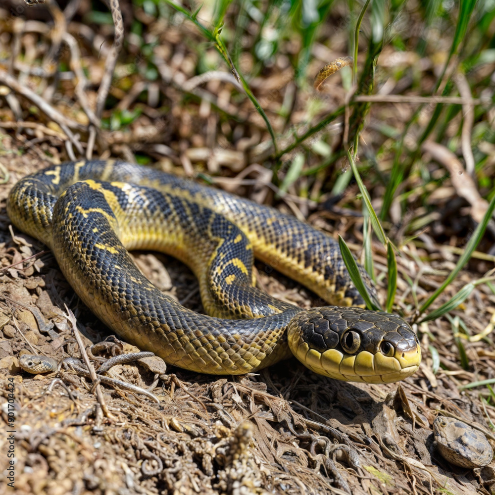 snake in the grass A close-up shot of a coiled snake with its tongue flicking out, set against a natural backdrop of grass and leaves. snake in the grass A close-up shot of a coiled snake with its tongue flicking out, set against a natural backdrop of grass and leaves.