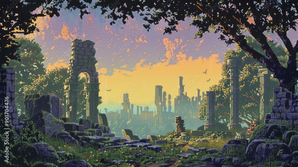 Pixelated Past Retro 8-bit pixel art of ancient ruins with lush trees against a ...