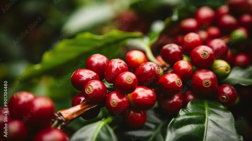 Closeup of coffee cherries on the branch, Coffee beans, Detailed botanical beauty Closeup of coffee cherries on the branch, Coffee beans, Detailed botanical beauty