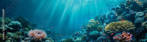 A beautiful underwater scene featuring colorful coral reefs and marine life illuminated by sunlight streaming through the water's surface. photo