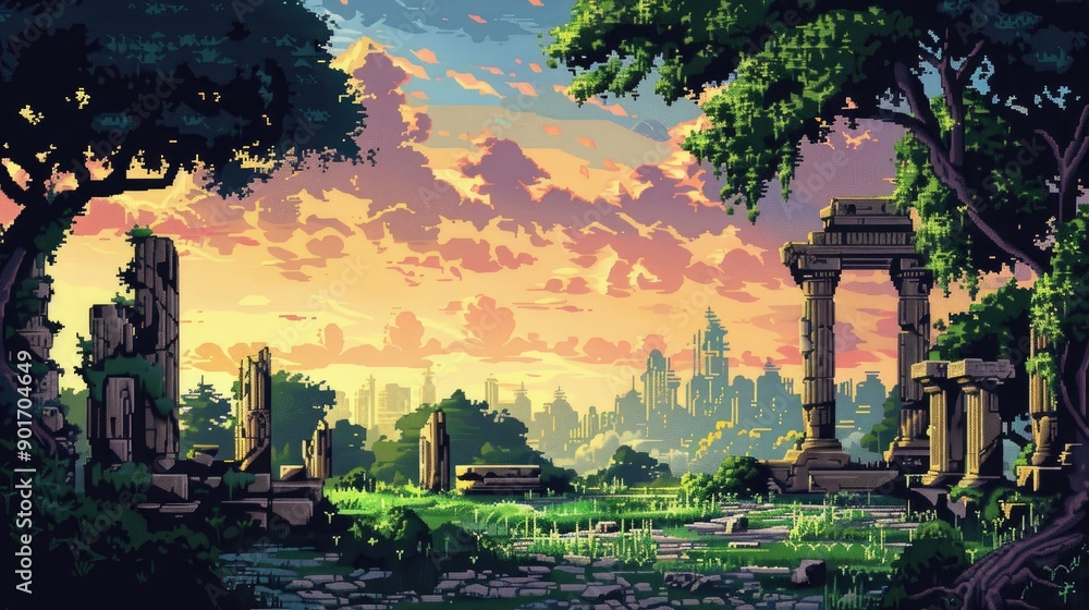 Pixelated Past Retro 8-bit pixel art of ancient ruins with lush trees against a ...
