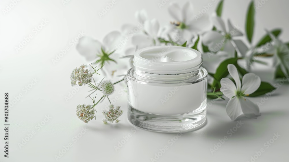 whitening and moisturizing Face cream in an open glass jar and flowers on white background. Set for spa, skin care and body products and solutions for skin problems such as scars, acne, wrinkles. whitening and moisturizing Face cream in an open glass jar and flowers on white background. Set for spa, skin care and body products and solutions for skin problems such as scars, acne, wrinkles.